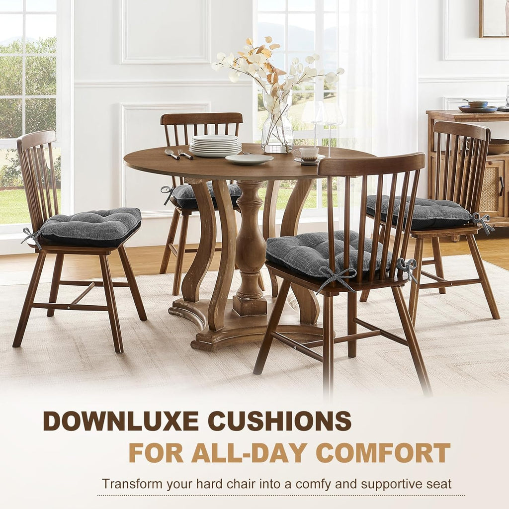 downluxe Indoor Chair Cushions for Dining Chairs, Tufted Overstuffed Textured Foam Kitchen Chair Pads with Ties and Non-Slip Backing, 15.5" x 15.5" x 4", Dark Grey, 4 Pack