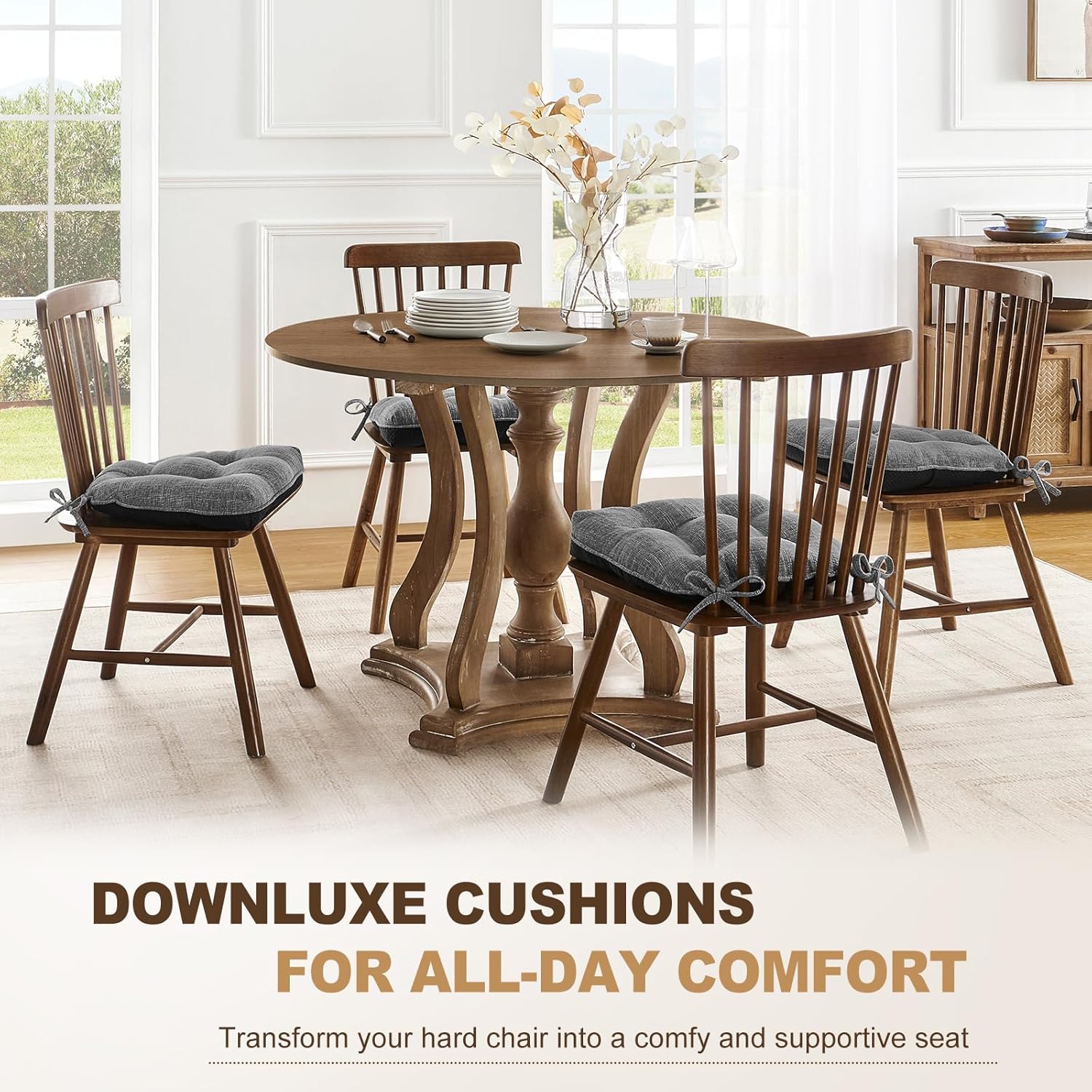 downluxe Indoor Chair Cushions for Dining Chairs, Tufted Overstuffed Textured Foam Kitchen Chair Pads with Ties and Non-Slip Backing, 15.5" x 15.5" x 4", Dark Grey, 6 Pack