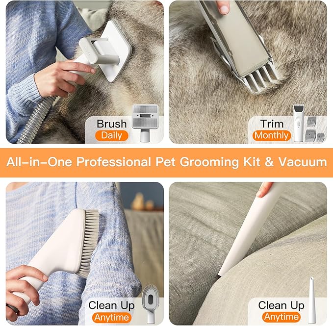 Dog Vacuum for Shedding Grooming, 12000pa Suction Dog Hair Vacuum, Dog Grooming Kit with 2l Dust Cup, Low Noise, 3 Levels, 5 Grooming Tools