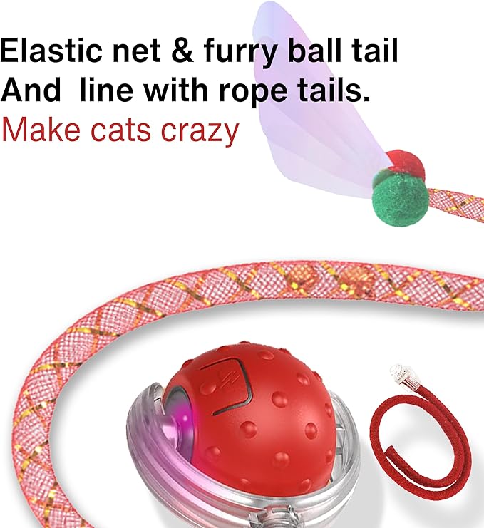 Interactive Cat Toy – Motion Activated Rolling Ball with LED Lights & 3 Play Modes & Two Different Tails - Best Toy for Indoor Cats & Kittens to Stay Active and Stimulate Hunting Instinct (Red)