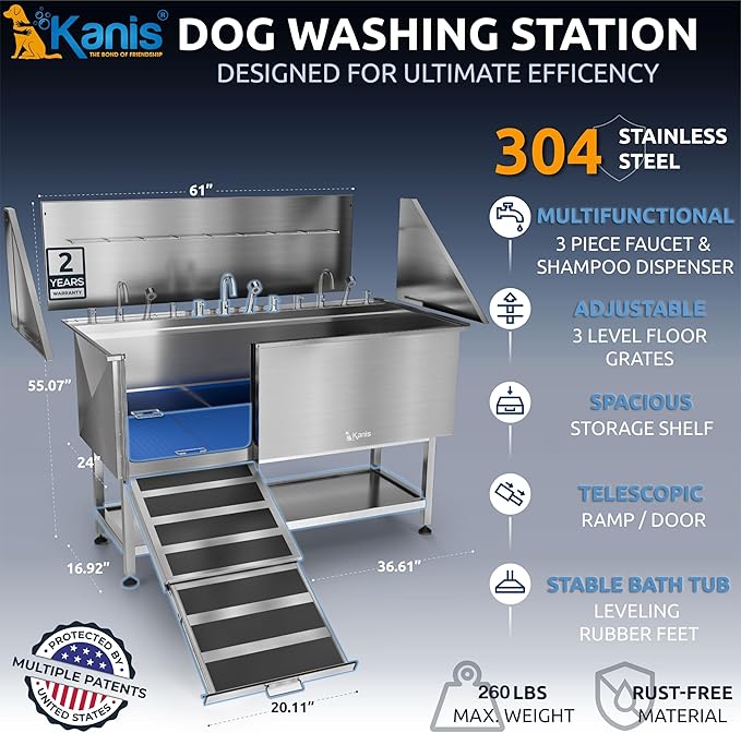 KANIS Professional Dog Washing Station - 304 Stainless Steel Pet Wash Sink & Grooming Bathtub w/Shower, Floor Grates and Storage for Large, Medium & Small Pets (61", Shelf - Left Ramp)