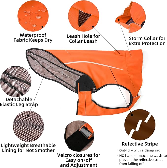 Mile High Life Dog Raincoat, Adjustable Waterproof Reflective Rain Jacket for Small Medium Large Dogs, Lightweight Breathable Pet Rain Coat with Leash Hole(Orange,M Chest 26-32")