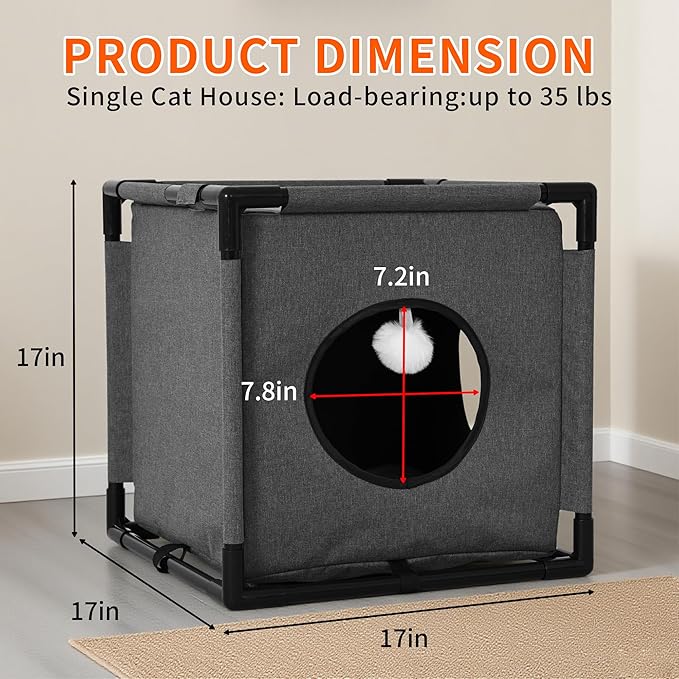 Cat Beds for Indoor Cats - Cat Hideaway，Muti-Functional Cat Cave Bed with Soft Velvet Pad and Fluffy Ball，Elevated Cat House for Multiple Cats，Grey