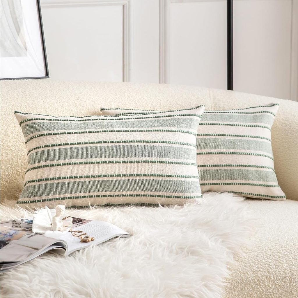Decorative Boho Lumbar Throw Pillow Covers, Farmhouse Textured Pillow Case, 12 x 20 Inch Set of 2, Chair Sofa Bedroom Living Room Home Decor Couch Cushion Case, Green and Beige