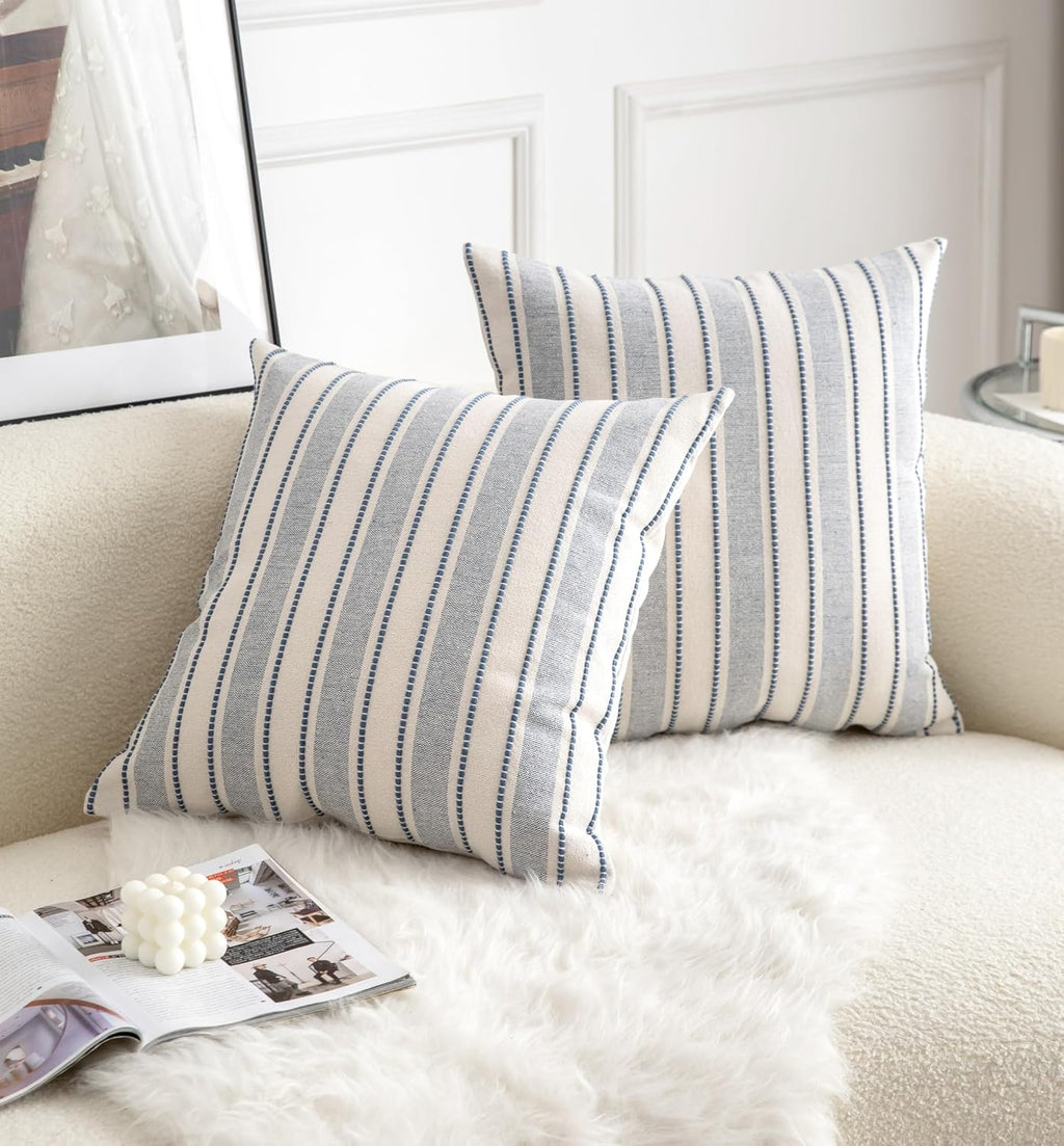 Decorative Boho Throw Pillow Covers, Farmhouse Textured Pillow Case, 18 x 18 Inch Set of 2, Chair Sofa Bedroom Living Room Home Decor Couch Cushion Case, Classic Blue and Beige Striped