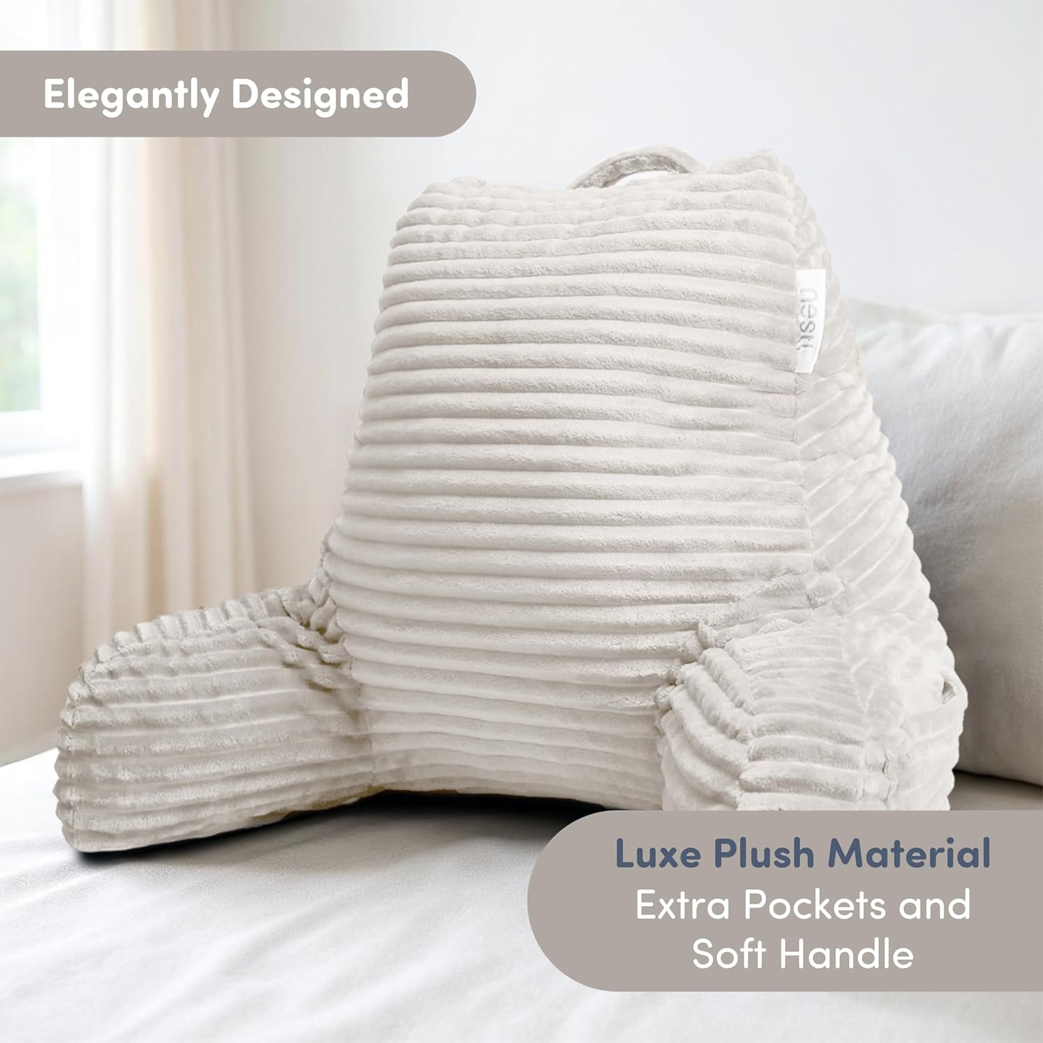 Nestl Reading Pillow with Shredded Memory Foam, Luxe Cut Plush Back Pillow for Sitting Up in Bed, Back and Arms Adjustable Support for Adult & Teens, Backrest Pillows with Washable Cover Linen