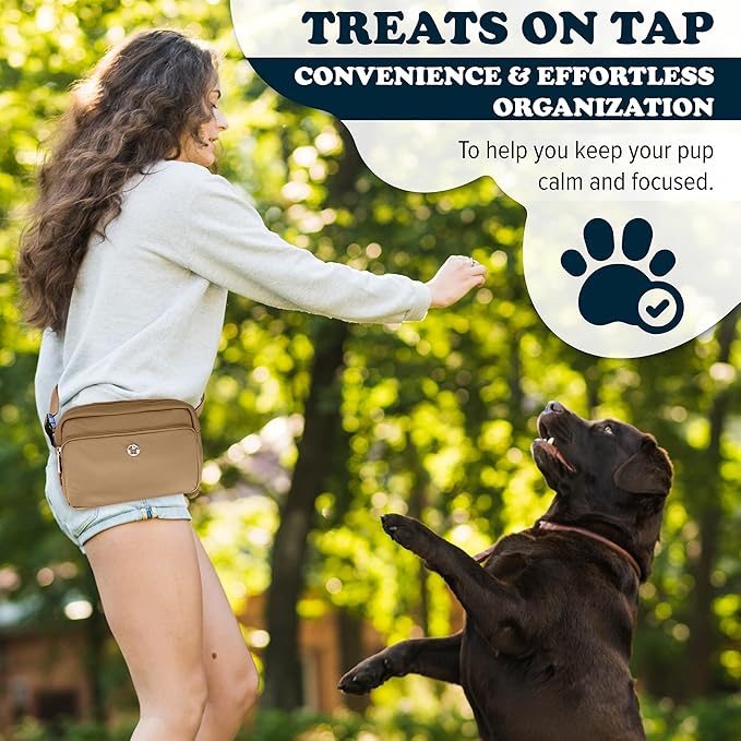Puppington 3-in-1 Crossbody Dog Walking Bag & Treat Pouch with Matching Planet Safe Poop Bags & Built-In Dispenser - Dog Mom Gift for Puppy Training with Zippered Pockets (Latte Beige)