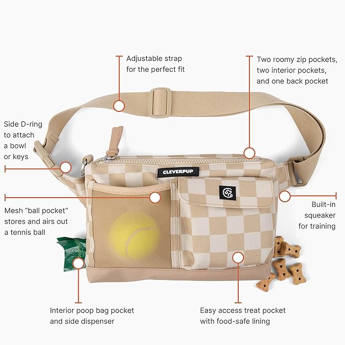 Dog Walk & Train Sling Bag - Hands-Free 2-In-1 Treat Pouch, Poop Bag Holder, Clicker, Phone Pocket - Crossbody/Fanny Pack, Adjustable Strap - Checkerboard