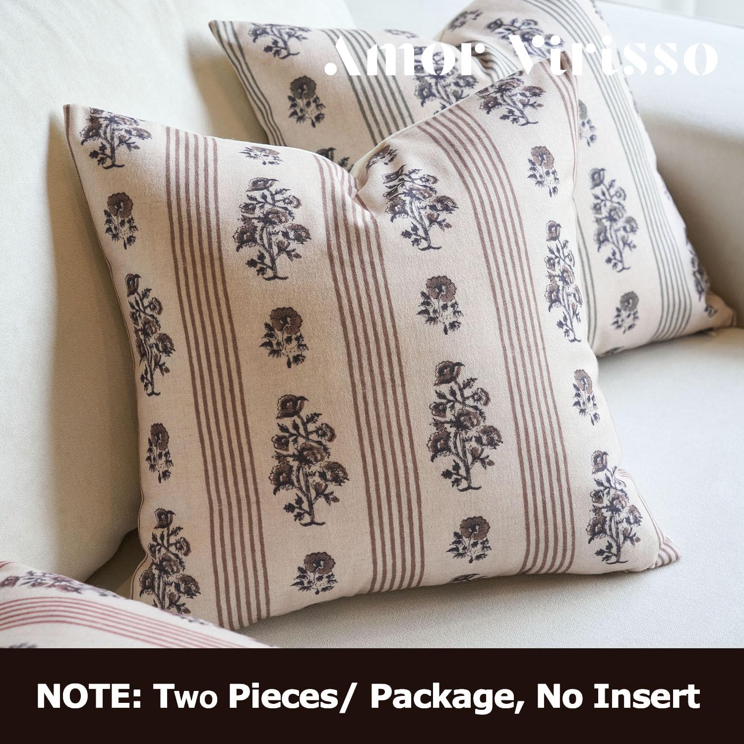Amor Virisso Floral Throw Pillow Covers 18x18 Set of 2 Block Print Pillow Covers Neutral Floral Striped Farmhouse Decorative Pillow Covers for Sofa Couch Bed, Brown