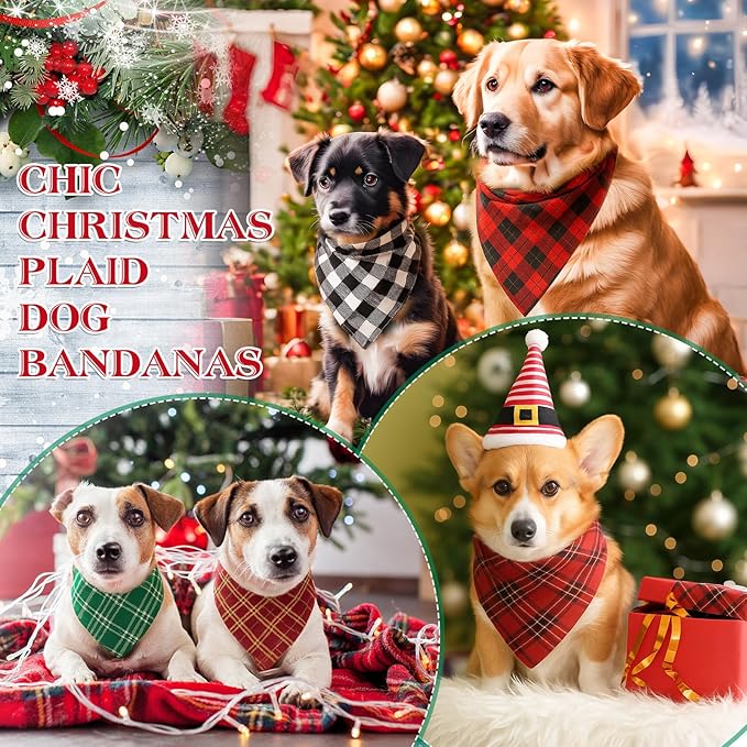 100 Pcs Christmas Dog Bandanas Bulk Xmas Red and Green Buffalo Plaid Bandanas Soft White Back Triangle Bibs Adjustable Scarf for Small Medium Large Pets (Red and Green Plaid)