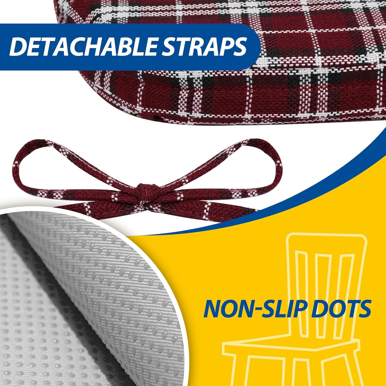 AAAAAcessories D-Shaped Chair Cushions, 2" Thick Dining Chair Pads with Ties and Removable, Machine-Washable Cover, 17" x 16", Set of 8, Red Checkered
