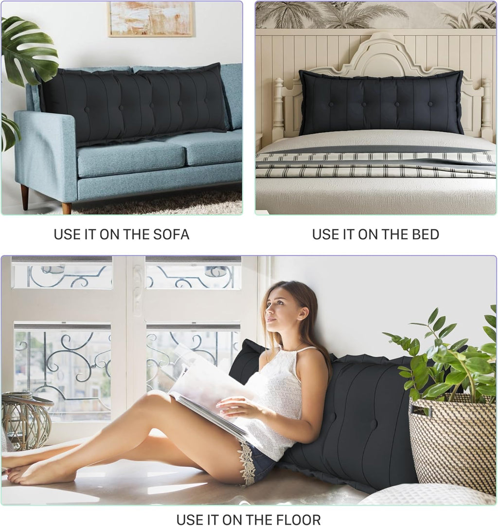 Large Bolster Reading Pillow Queen Backrest Positioning Support Pillow Daybed Cushion Headboard Pillows for Bed Bunk Sofa with Removable Cover, Black, 59x3x20 Inch
