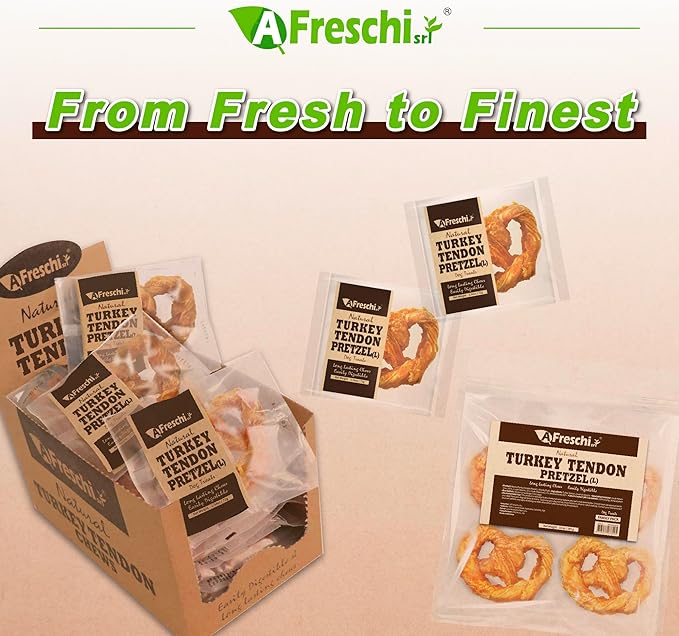 AFreschi Turkey Tendons for Dogs, USA-Sourced, Healthy Dog Treats, Rawhide-Free Puppy Chews, Long Lasting, All Natural, Hypoallergenic Dog Treats for Large Breeds, 10 oz Pack Pretzel (L)