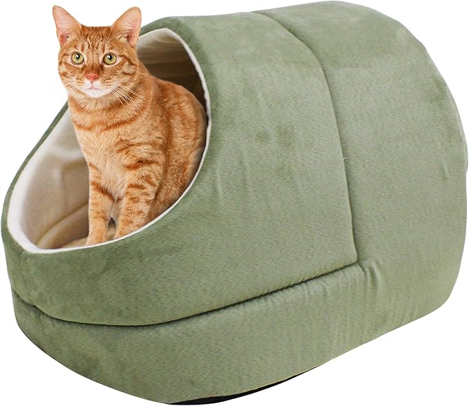 4 in 1 Self Warming Burrow Cat Bed, Pet Hideway Sleeping Cuddle Cave (Sage Green-2)