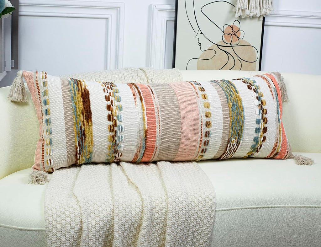 PANOD Boho Long Lumbar Throw Pillow Cover 16 x 36 Orange, Chenille Morocan Extra Long Pillow Case Cover, Decorative Long Pillow for Bed Couch Sofa Farmhouse