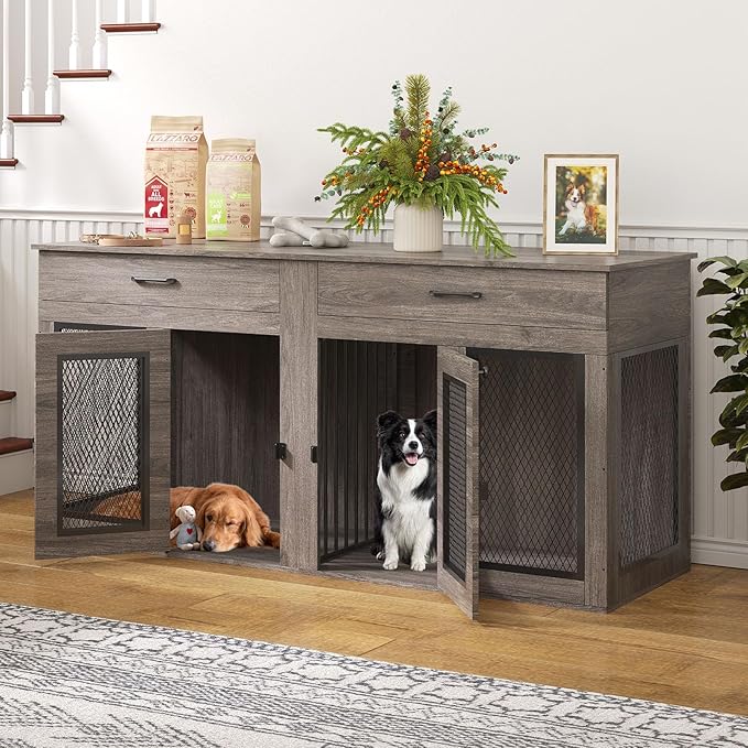 71 Inch Dog Crate Furniture for 2 Dogs，XXL Thick Wooden Double Kennel TV Stand w/Removable Divider - Heavy Duty Indoor Cage for Large Breeds (Gray, 71L* 23.6W* 33.5" H)