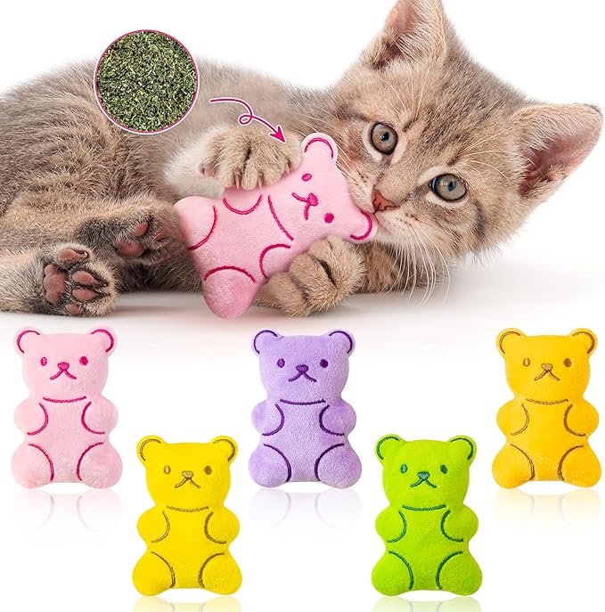 MALLMALL6 Catnip Toys for Cat - 5Pcs Gummy Colorful Bear Catmint Interactive Cat Toy for Indoor Cats, Soft Candy Kitten Supplies, Kitten Teething Chew Toy Set, Cute Pet Gifts for Cat Lover