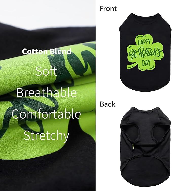 Fitwarm Happy St Patricks Day Pet Clothes, Summer Cat & Dog Outfit for Small Boys & Girls, Funny Tshirt, Lightweight Breathable Cotton, Black & Green, XL