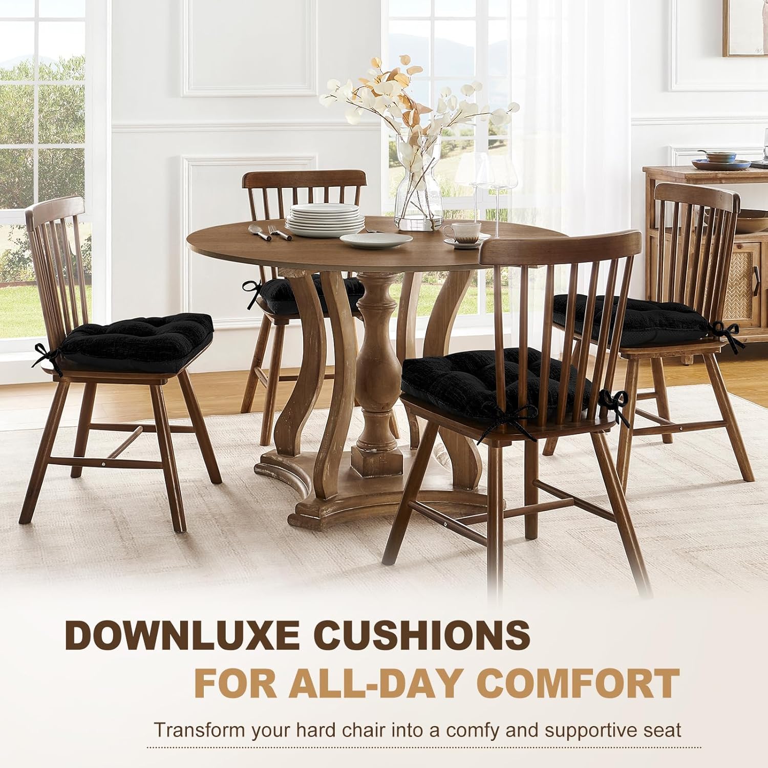 downluxe Indoor Chair Cushions for Dining Chairs, Tufted Overstuffed Textured Foam Kitchen Chair Pads with Ties and Non-Slip Backing, 15.5" x 15.5" x 4", Black, 6 Pack