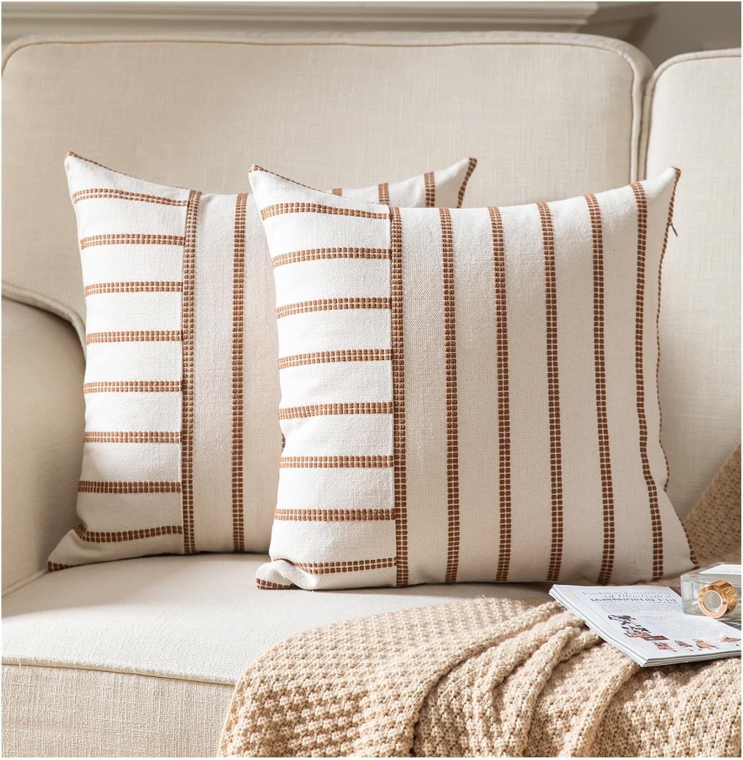 Caflife Boho Throw Pillow Covers 20x20 Set of 2 Soft Farmhouse Decorative Couch Pillow Cases Brown Striped Pillow Covers Neutral Cushion Covers for Sofa Bed Living Room Home Decor