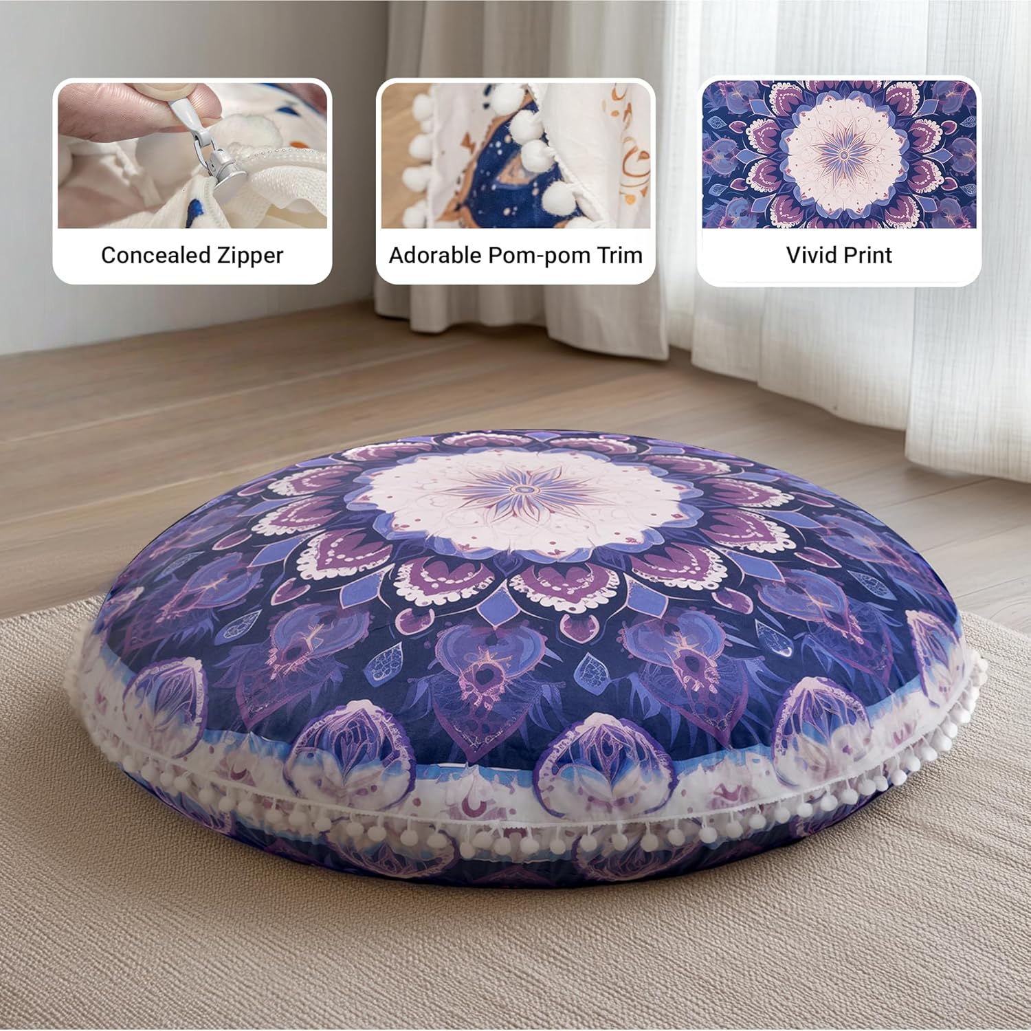 32-Inch Round Meditation Cushion for Adults – Extra-Thick Large Floor Pillow with Premium Filling, Bohemian Mandala Circle Cushion for Yoga, Living Room (1, Purple, Extra Large)