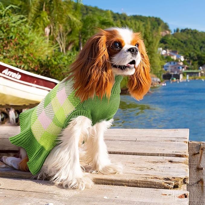 Dog Sweater Dress Plaid Knitwear for Small Medium Dogs Warm Puppy Pet Turtleneck Stretch Pullover Cute Fall Winter Vest Clothes with Leash Hole for Christmas (Green, 2XS)