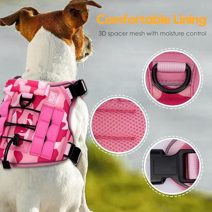 Heavy-Duty Tactical Dog Harness for Large Dogs, No Pull Adjustable Reflective Pet Vest with Molle System, K9 Military-Grade Control for Service Training, Outdoor & 10+ Breeds, Pink Camo, Medium