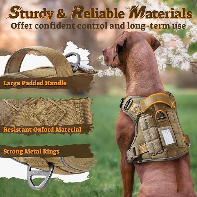 rabbitgoo Dog Harness for Large Dogs No Pull, Tactical Service Pet Vest with Molle and Control Handle, Adjustable and Reflective Military Harness for Easy Walking and Training, Brown, XL