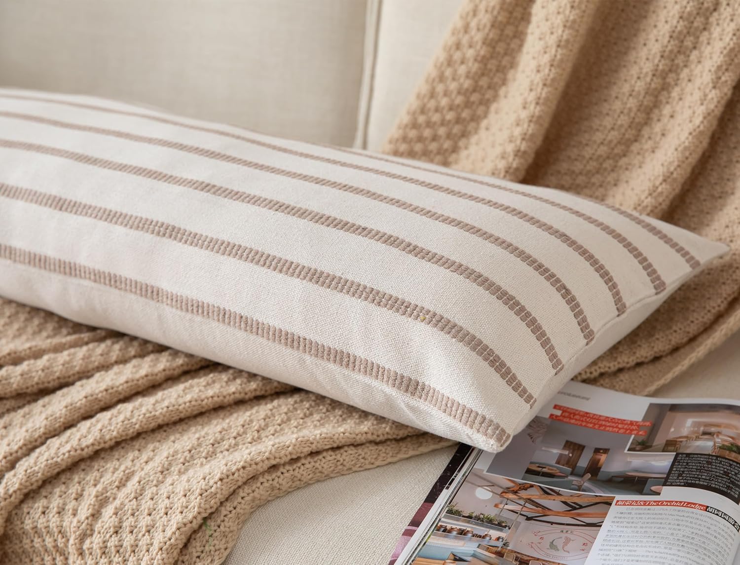 Caflife Boho Lumbar Throw Pillow Cover 14X36 Long Soft Farmhouse Decorative Couch Pillow Cases Beige Striped Body Pillow Covers Neutral Cushion Covers for Sofa Bed Living Room Home Decor Pack of 1