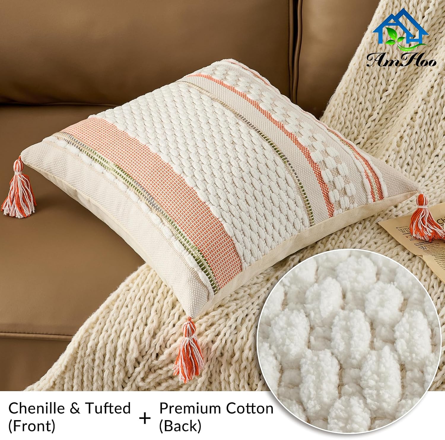 AmHoo Chenille Striped Textured Boho Throw Pillow Covers Aesthetic with Tassels Woven Decorative Pillow Case for Couch Bed Sofa Bedroom Modern Funky 18 x 18-Inch White Orange