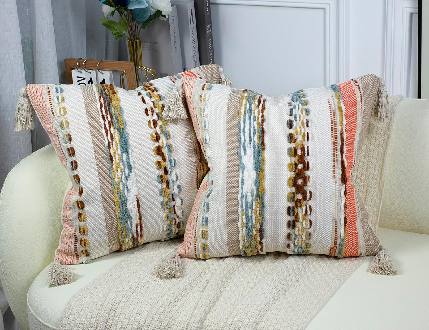 PANOD Chenille Farmhouse Throw Pillow Covers 16 x 16 Orange, Neutral Boucle Couch Pillow Cover, Striped Decorative Boho Coushion Cover Pillow Case for Couch Bed Sofa Bedroom,Modern Accent,Set of 2