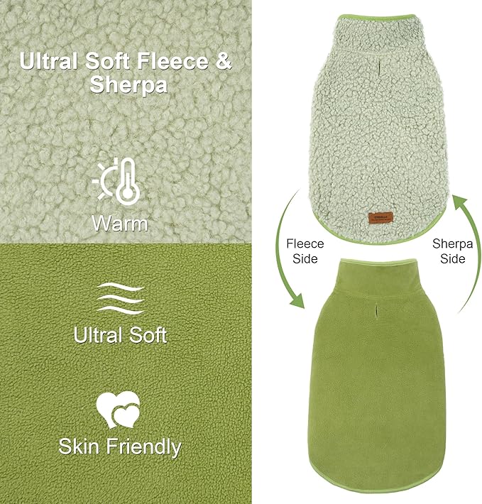 cyeollo Warm Dog Coat Fleece Sherpa Winter Sweater, Reversible Large Dogs Jacket Vest with Leash Hole, Soft Coats for Large Dogs Cold Weather, Green, XXXL