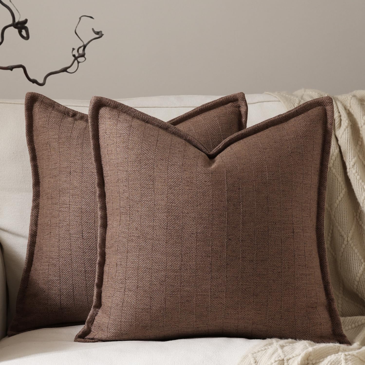 26x26 Linen Euro Sham Pillow Covers Brown Pack of 2 Farmhouse Boho Neutral Accents Striped Textured Square Decorative Throw Pillow Cases for Living Room Couch Bed Home Decor