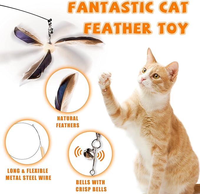JXFUKAL Cat Wand Toys, Interactive Cat Toys with 3 Feather Refills, 29'' Flexible Steel Wire, Sturdy Wood Handle & Bell for Kitty Kitten, Cat Toys for Indoor Cats Teaser Cat String Toy