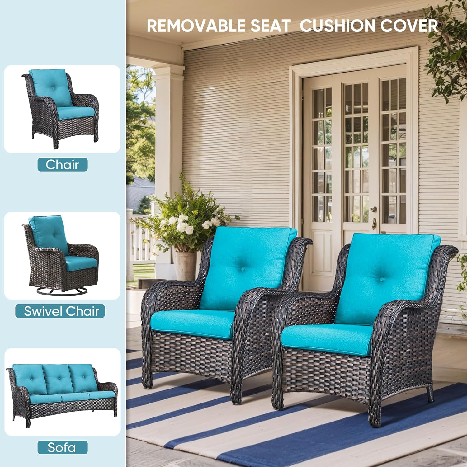 8-Piece Outdoor Patio Cushion Set - Fade & Water Resistant with Removable Olefin Cover, 22x24x4 Inch Memory Foam Cushions for Wicker Sectional Sofa – Teal/Buckle