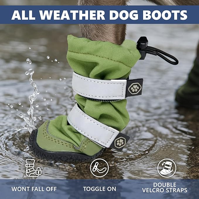 Spark Paws Dog Shoes, Waterproof Dog Boots for Medium to Large Dogs, Non Slip, Breathable Dog Booties and Paw Protectors - 4PCS Doggie Hiking Boots with Reflective Straps - Green - Size 4
