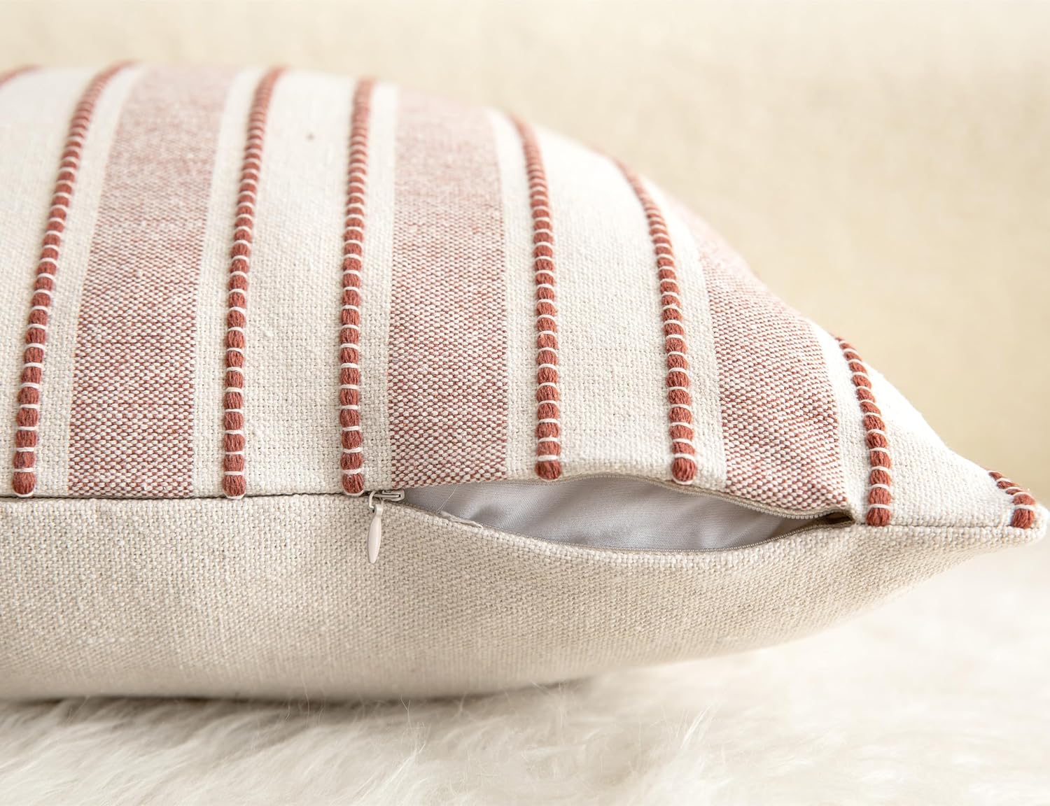 Decorative Boho Throw Pillow Covers, Farmhouse Textured Pillow Case, 20 x 20 Inch Set of 2, Chair Sofa Bedroom Living Room Home Decor Couch Cushion Case, Rust and Beige Striped