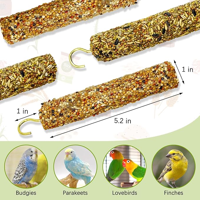 Fhiny Parakeet Treats, 4 PCS Natural Bird Crunch Sticks Grains Mixed Budgie Snacks Cockatiel Food Sticks Long-Lasting Chewing Toys for Parakeet Cockatiel Budgie Conure Parrot Lovebird Finch