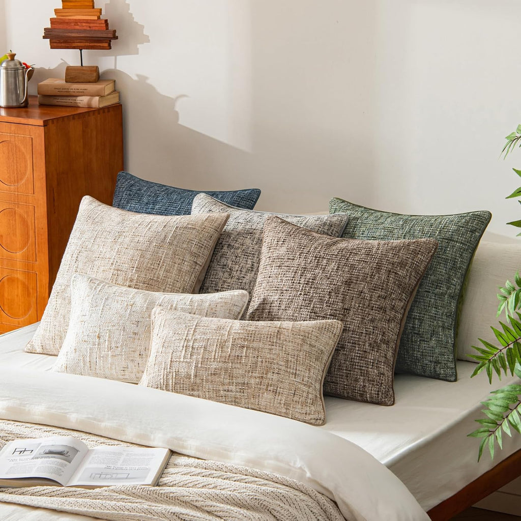 a moment Brown Reversible Pillow Covers 2 Pack - Farmhouse Chenille Throw Pillows, Neutral Textured Decorative Throw Pillow Covers with Border for Couch Sofa Bed (18x18 Inch, No Insert)