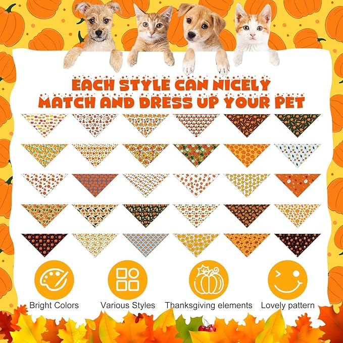 Aliceset 180 Pcs Fall Dog Bandanas Bulk Thanksgiving Bandana for Dog Adjustable Washable Pet Triangle Scarf Cute Kerchief Scarves for Pet Autumn Party Costume Accessories Decorations