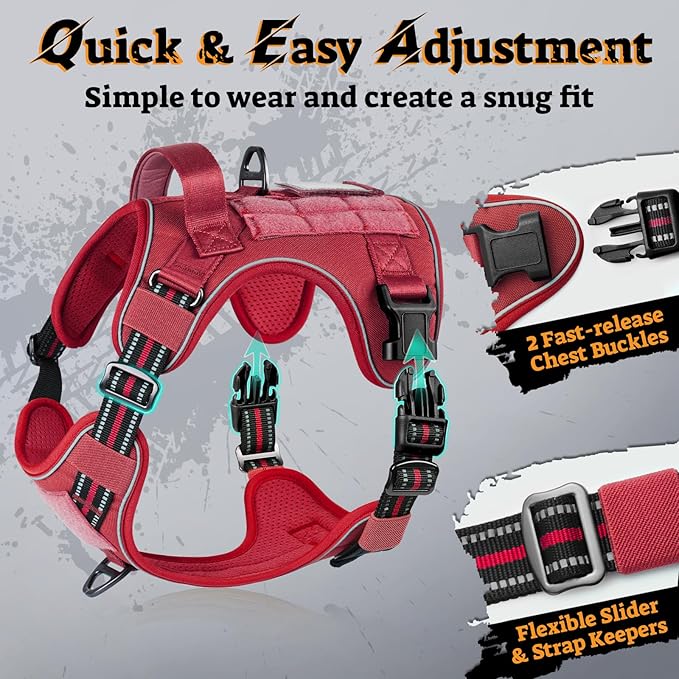 rabbitgoo Dog Harness Small Sized No Pull, Tactical Service Pet Vest with Molle and Control Handle, Adjustable and Reflective Military Harness for Easy Walking and Training, Red, S