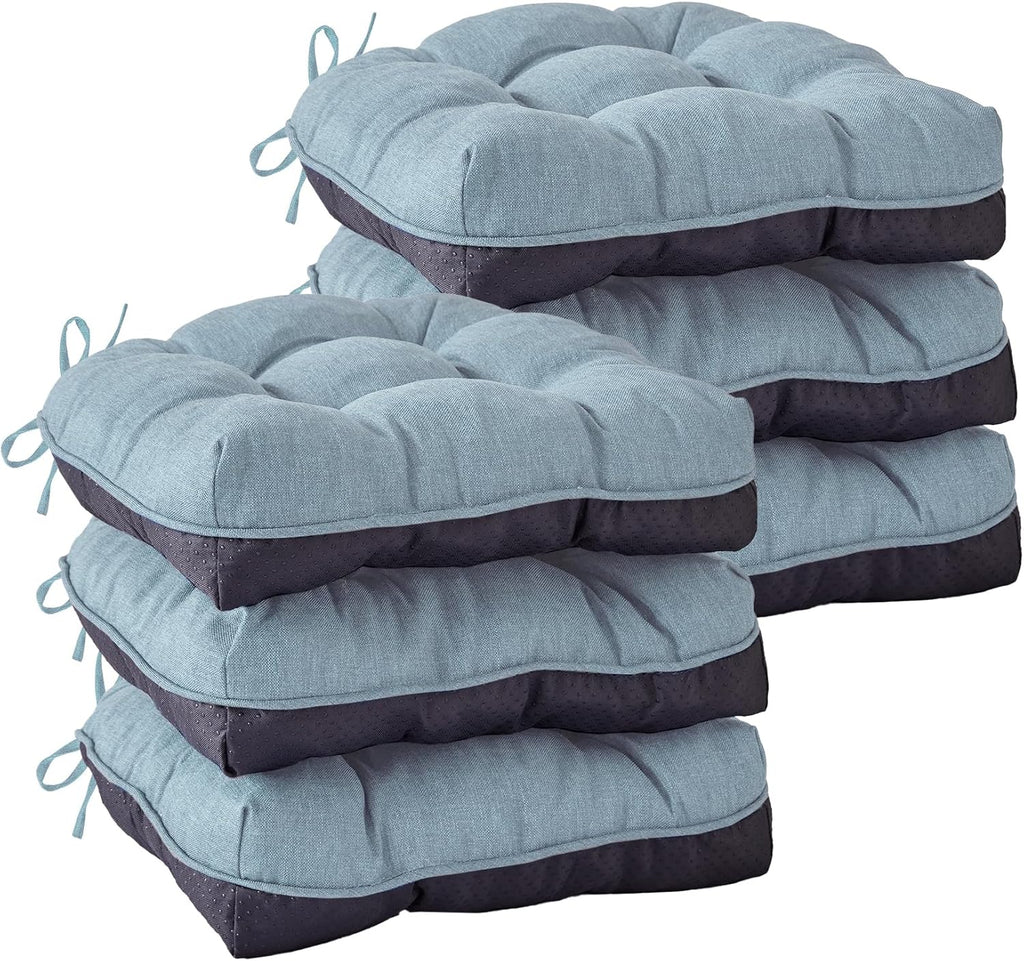 Chair Cushions for Dining Chairs, Seat Cushions for Kitchen Chairs, Indoor Seat Cushions with Ties, Tufted Foam Chair Pads, Non Slip Chair Cushions Set of 6, 15.5" x 15.5" x 4", Light Blue
