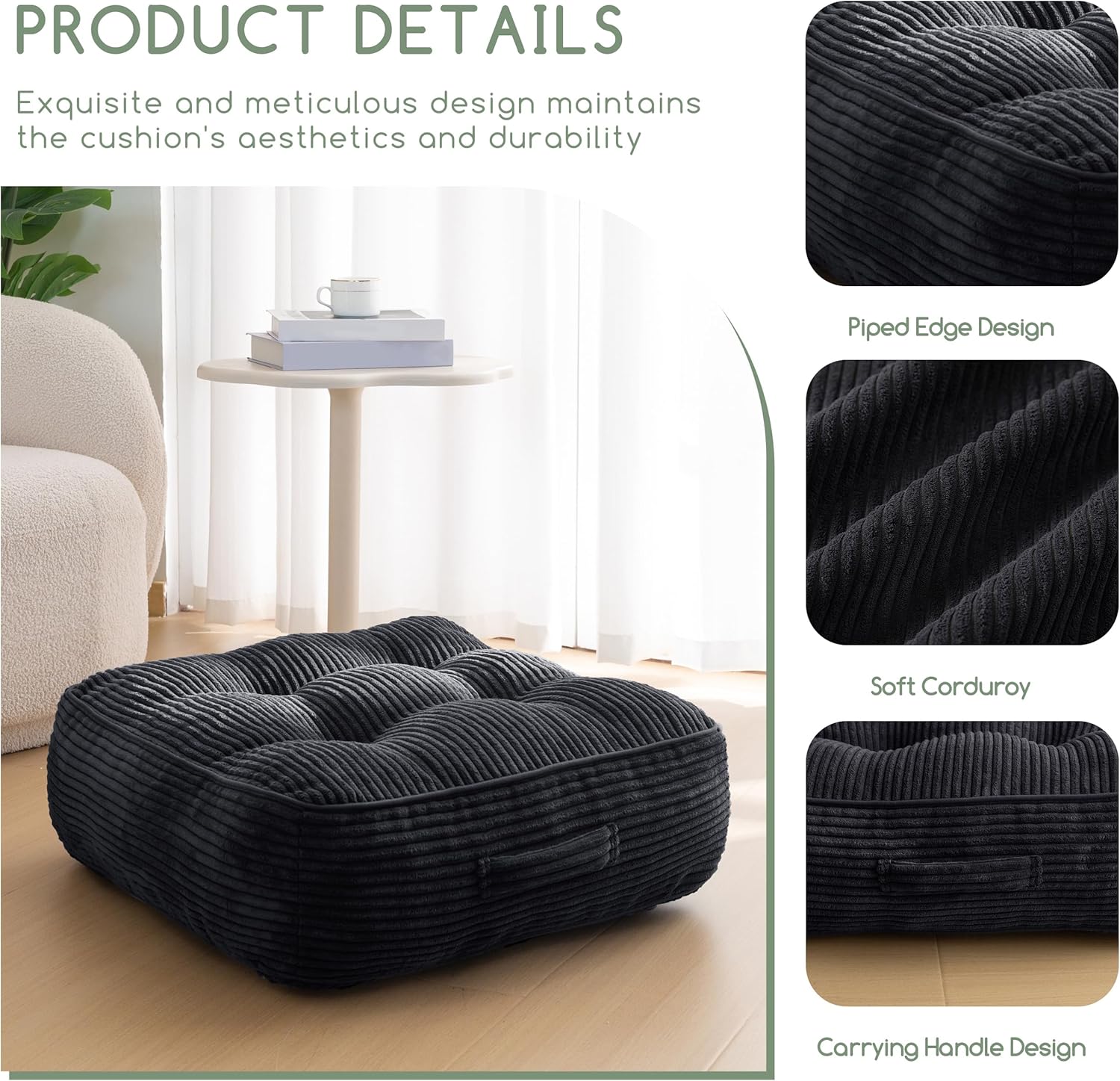 8" Washable Floor Pillow Cushion for Adults, Meditation Cushion Pillow, Large Square Floor Sitting, Removable Tufted Corduroy Cover, for Tatami Living Room or Yoga, 22x22 Inch, 2Pack, Machine Washable