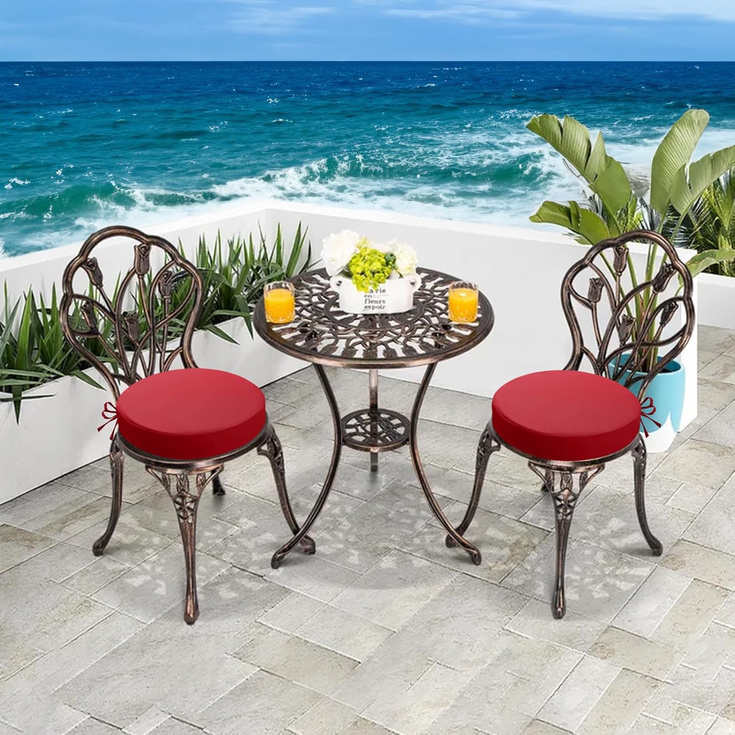 idee-home Outdoor Bistro Chair Cushions, 15”x15”x 3” Thick Outdoor Round Seat Cushions Set of 4 with Ties, Waterproof Round Patio Furniture for Garden