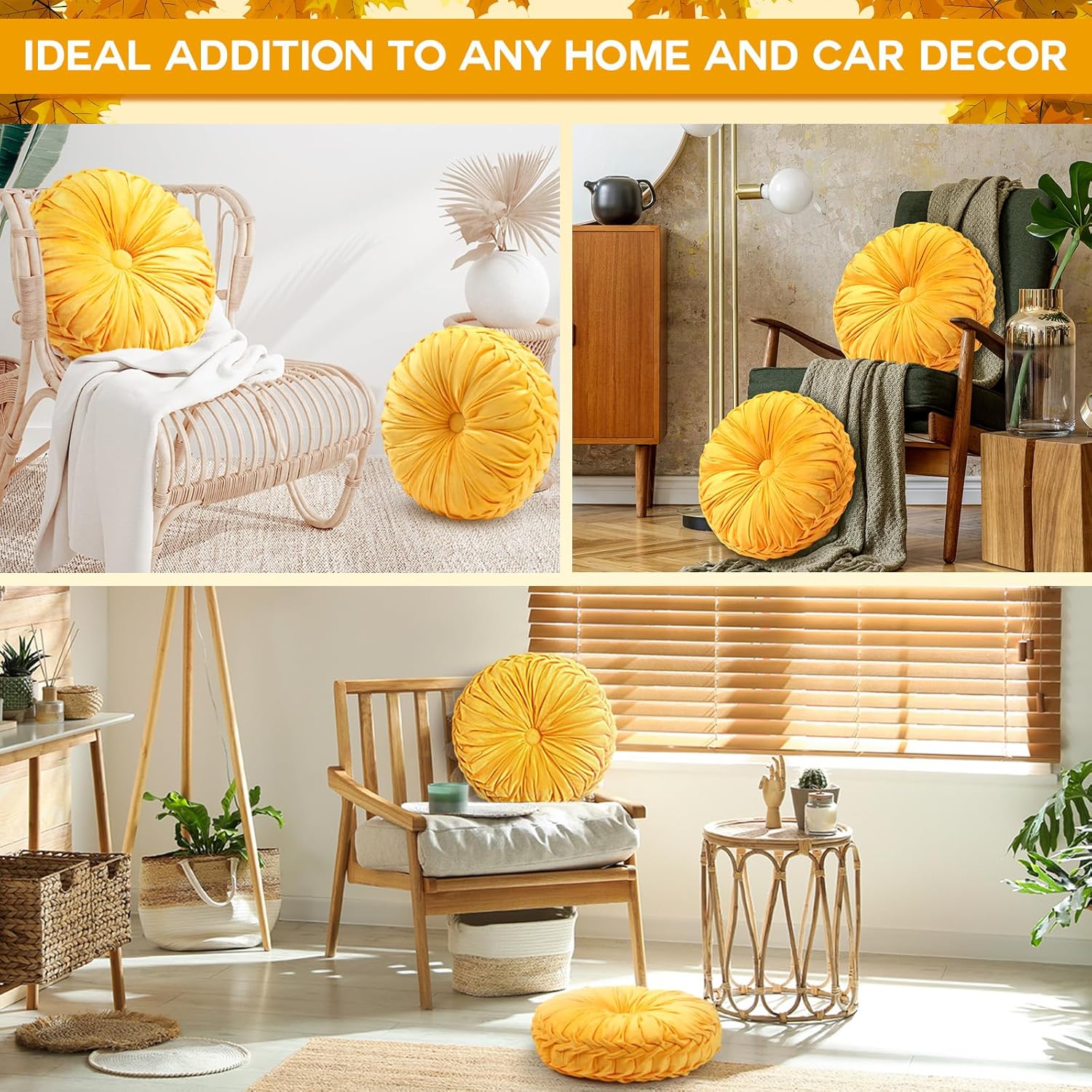 4 Pcs Round Throw Pillows 15 Inch Decorative Velvet Pleated Pumpkin Floor Boho Pillows for Living Room Couch Chair Bed Sofa (Yellow)