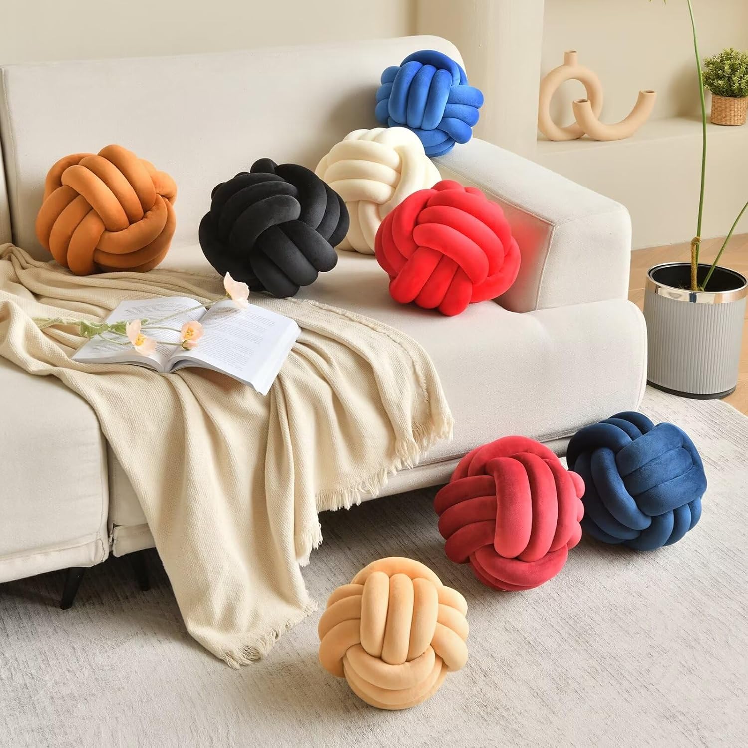 Decorative Throw Knot Pillow Ball for Home Chair Sofa Aesthetic Round Velvet Knotted Pillow Cushion (Navy Blue, 11inch)