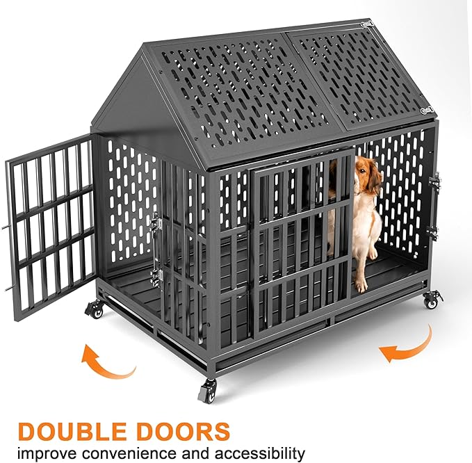 42 Inch Heavy Duty Dog Crate with Self-Locking Latch for High Anxiety Dogs, Indestructible Large Kennel Indoor with Pointed Roof, Removable Trays and Lockable Wheels, Chew Proof Cage