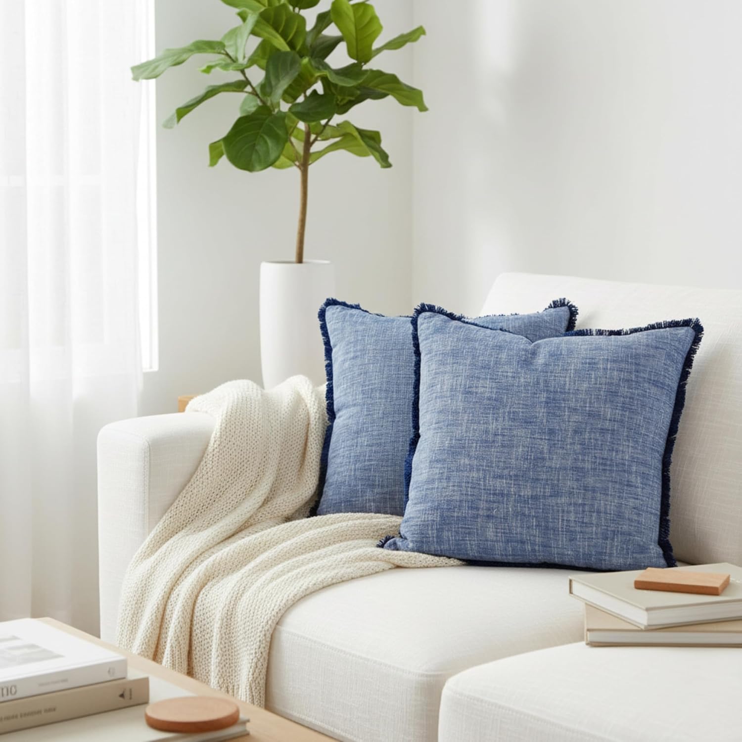 18×18 Blue Textured Cotton Throw Pillow Covers with Decorative Fringe Boho Farmhouse Cushion Cover with Tassels Linen Like Accent Pillowcases for Bed Couch Chair Sofa Living Room, Set of 2