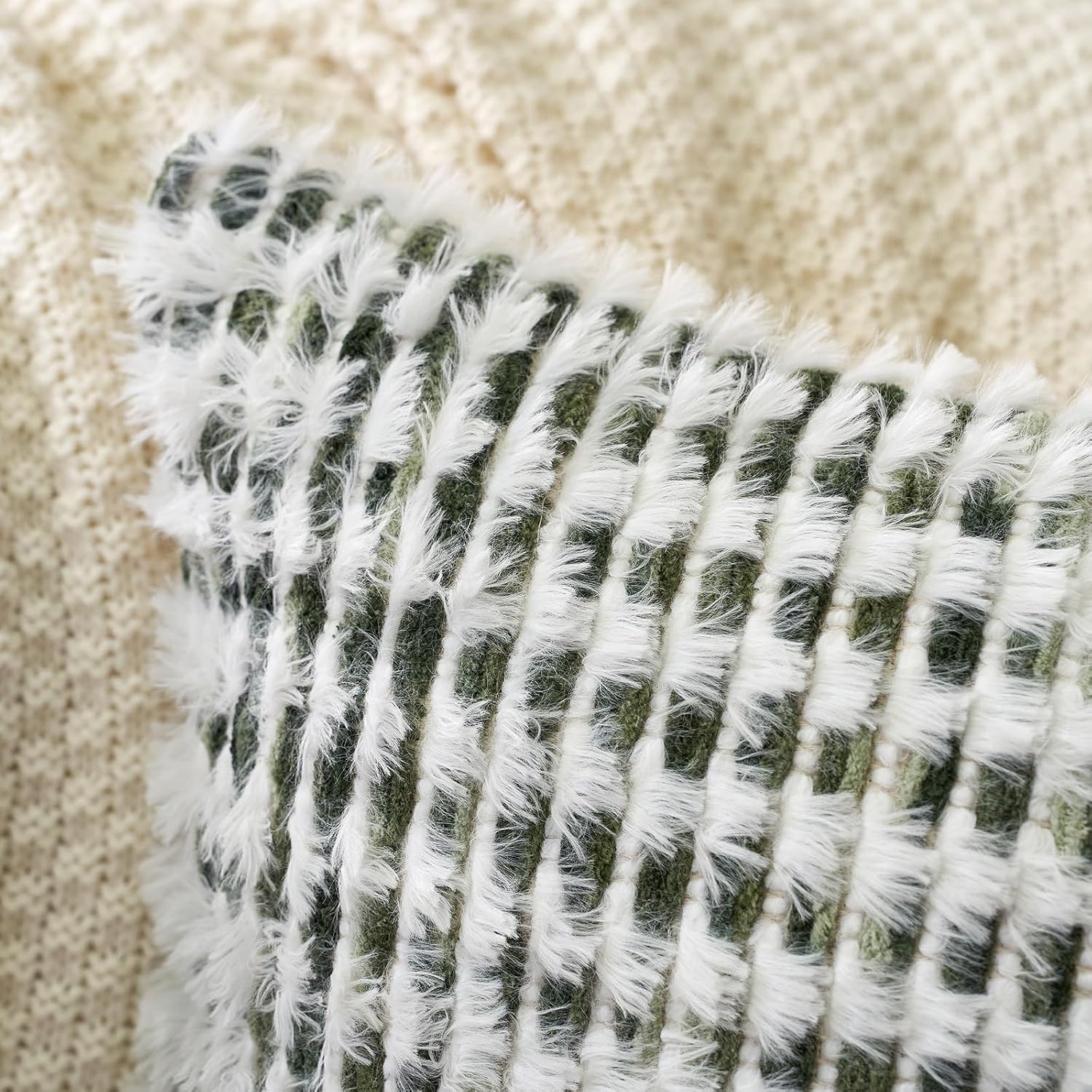 Aeckself Boho Chenille Tufted Pillow Cover 12 x 20 Inch, Rectangle Decorative Lumbar Throw Pillow Cover Neutral Pillowcase for Couch Bedroom Living Room, Green White