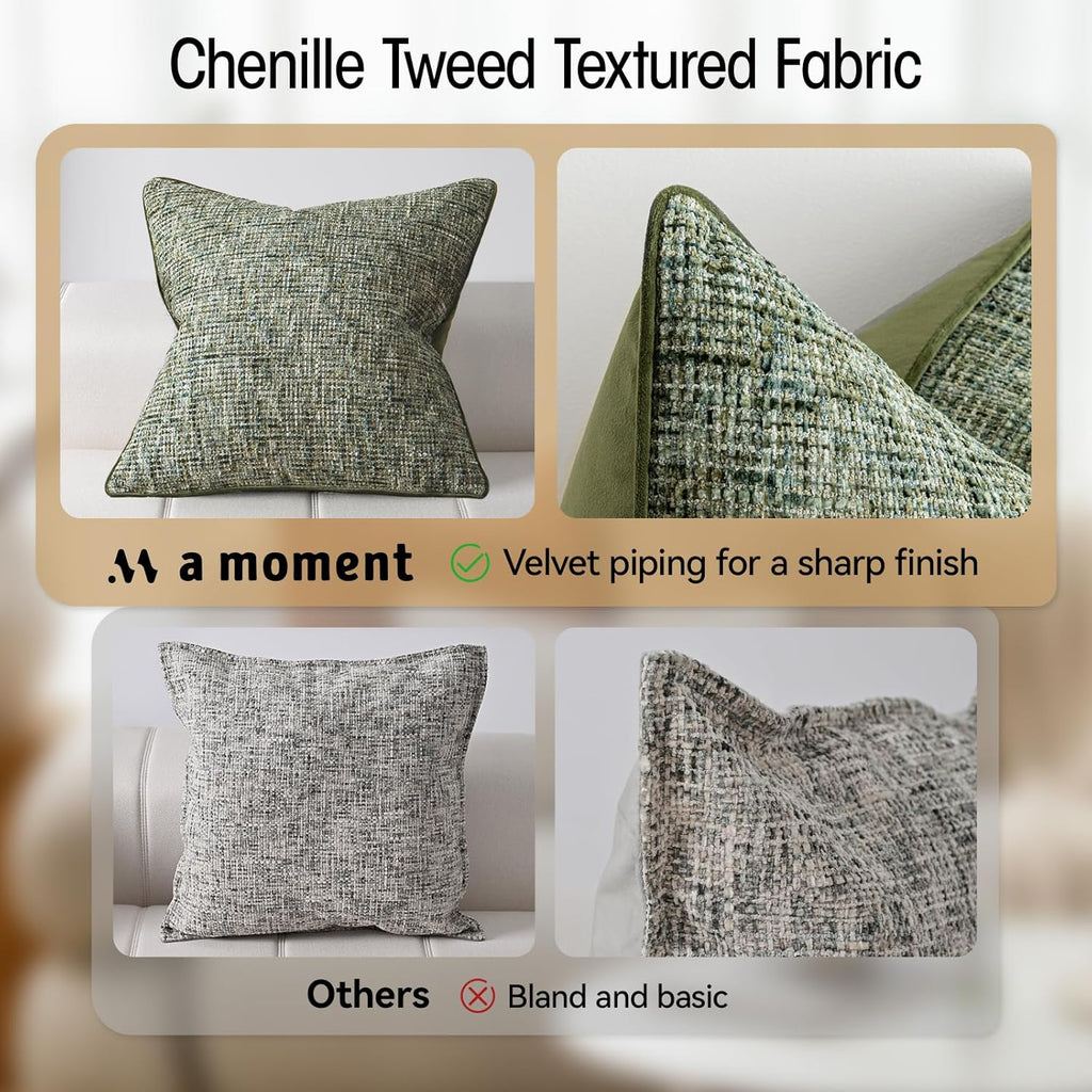 A Moment Christmas Dark Green Reversible Pillow Covers 2 Pack - Farmhouse Chenille Throw Pillows, Neutral Textured Decorative Throw Pillow Covers with Border for Couch Sofa Bed (12x20 Inch, No Insert)